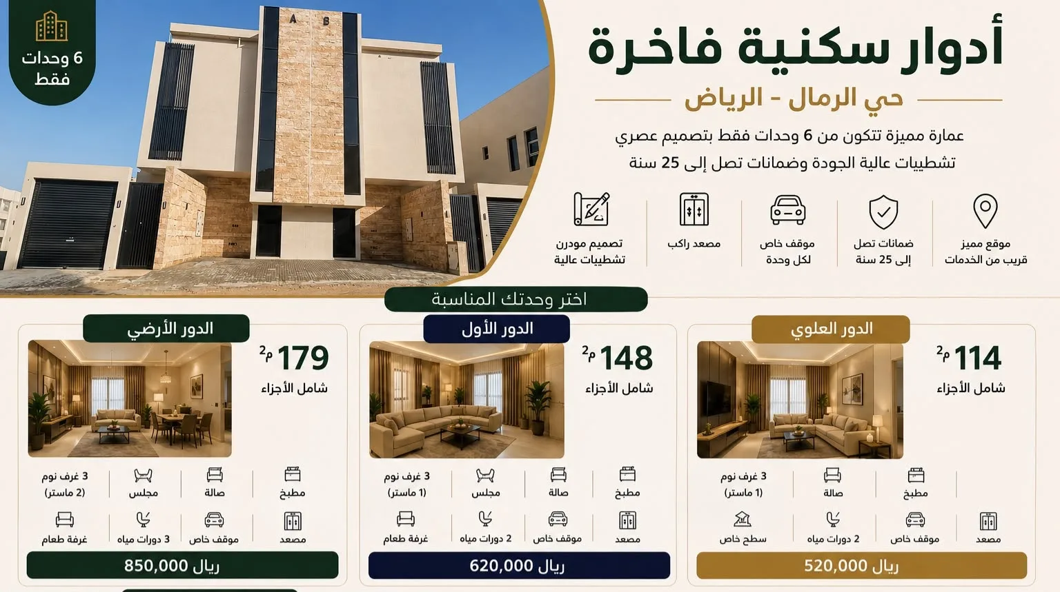 للبيع أدوار سكنية فاخرة بتصميم مودرن في حي الرمال شرق الرياض 